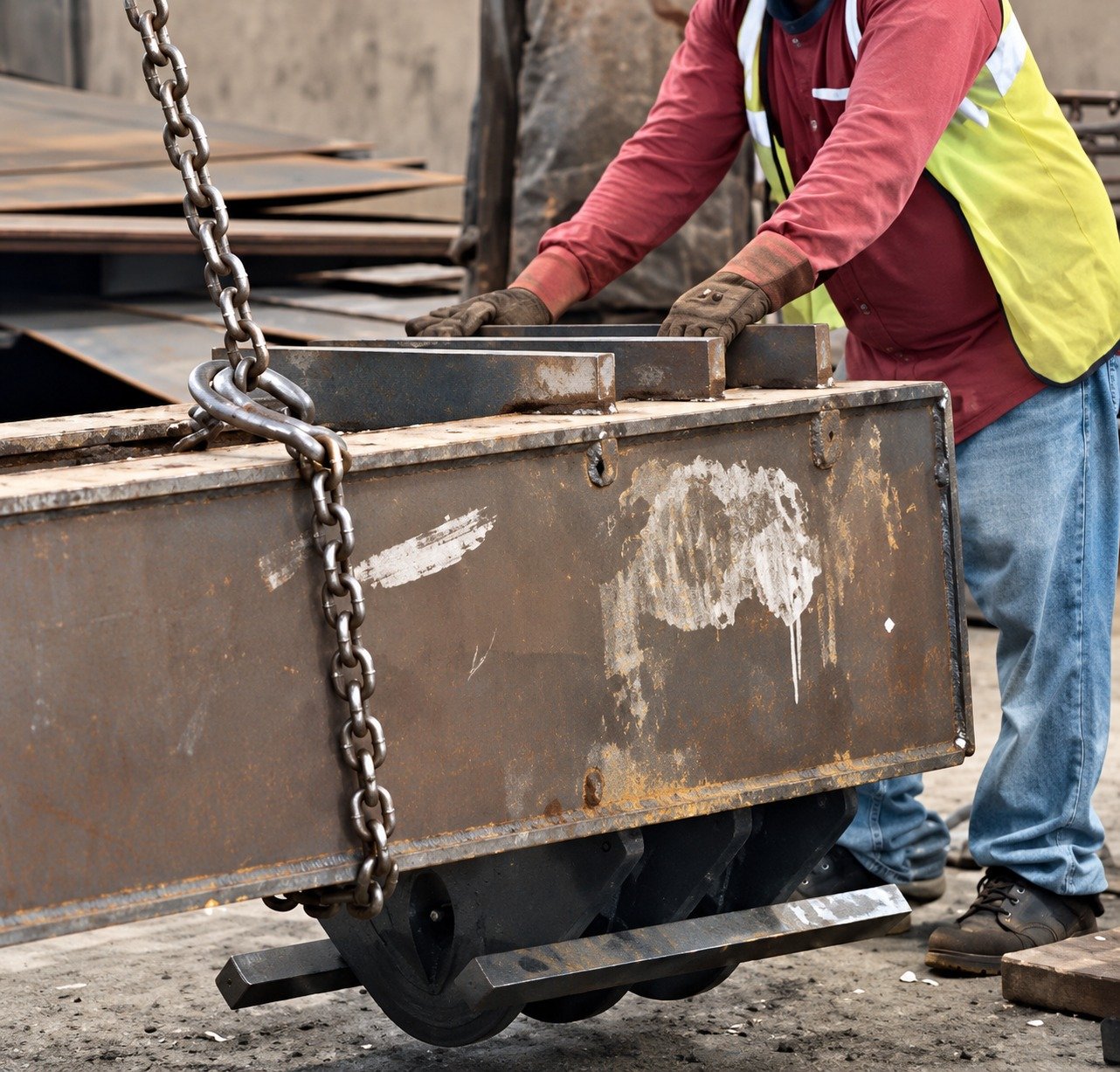 Hands directly guiding a suspended fabricated load