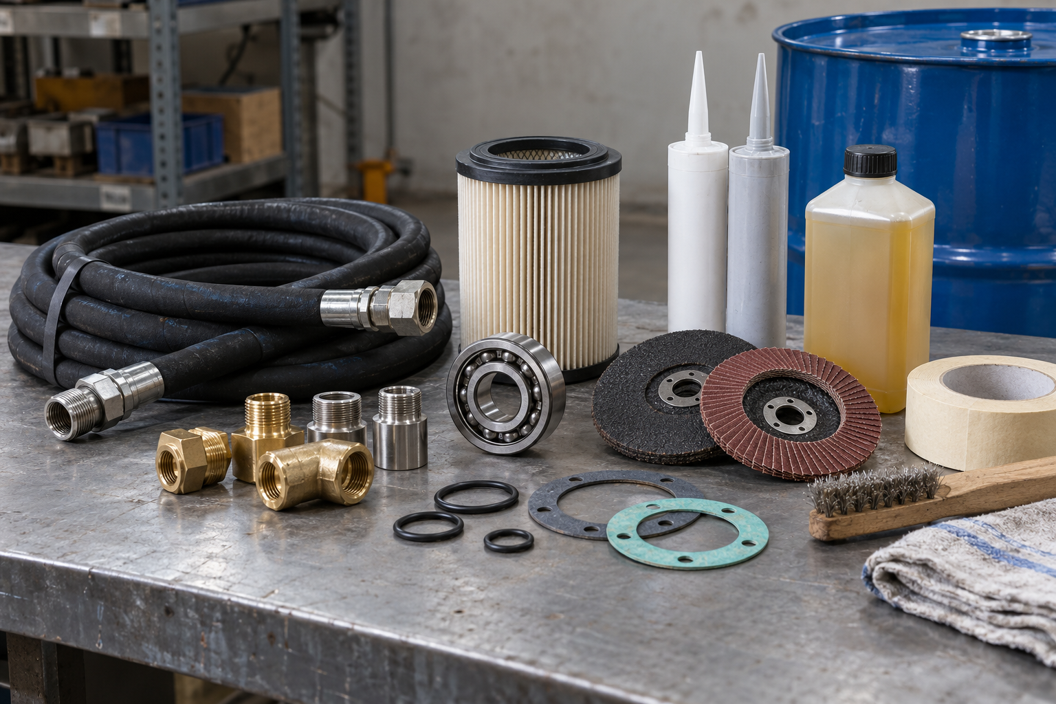 Illustrative assortment of MRO consumables including hose, fittings, filters, bearings and sealing products